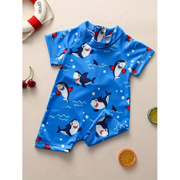 Maillot de Bain une Pièce Motif Requin pour Bébés Garçons, Maillot de Bain Extensible à Manches Courtes, Maillot de Bain pour Bébé pour Vacances à la Plage