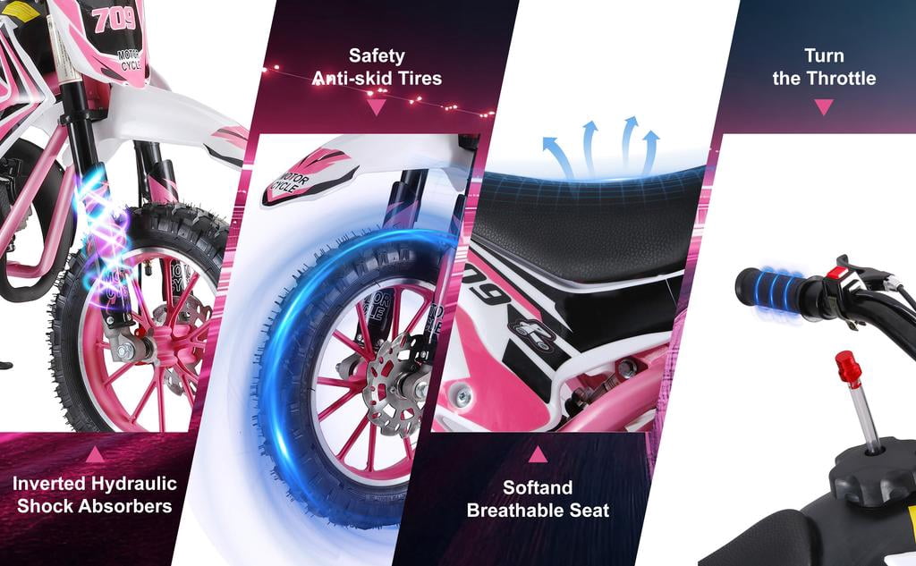 Korogimeeet Gas Powered Pink Mini Dirt Bike 49cc 2-Stroke, Hand-Pull Start, 10 Inch Off-Road Tires, Dual Disc Brakes, Infinitely Variable, 30KM/H Max Speed, 150kg, 47 x 28 Inch