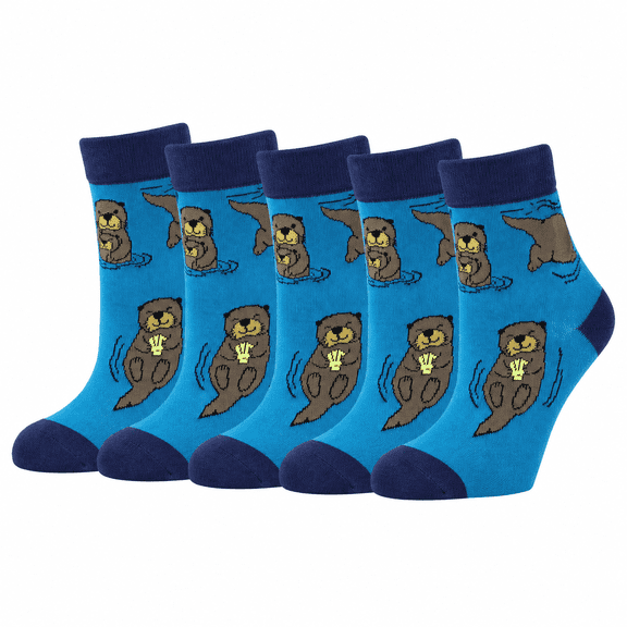 Novelty Animal Socks Cute Otter Print Crew Socks, 5Pairs - Soft Stretchy Fabric, Breathable Knit, Size 10-13