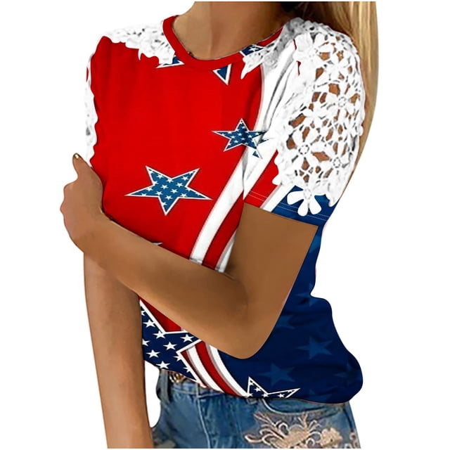 Camisas de Manga Corta para las Mujeres Impresión Cuello Redondo Suéter Encaje Camisa, Blusa de Verano Casual para las Mujeres