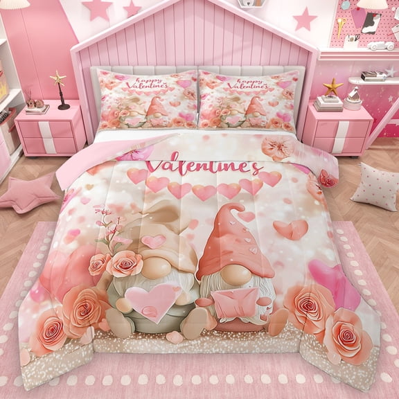 Homewish Romantic Valentine's Day Bedding Comforter Set, Kawaii Couple Gnome Twin Comforter Sets, Pink Rose Flower Reversible Bedding Set, Breathable Home Decor, 2-Piece