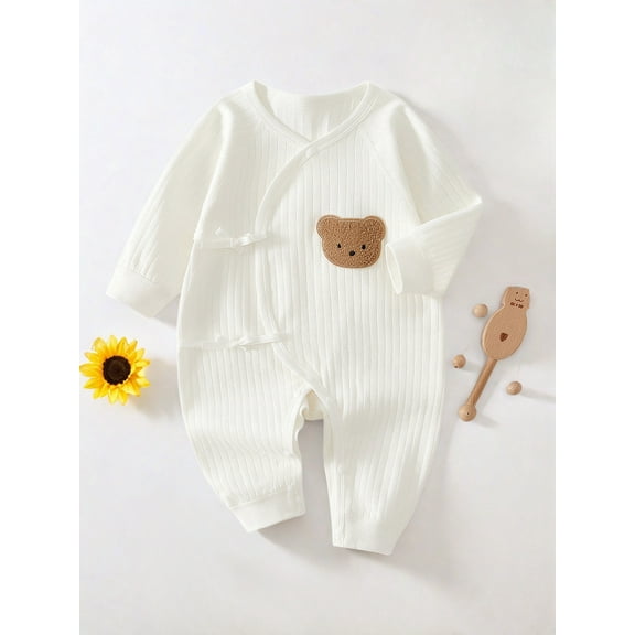 Somenie Newborn Baby Cotton Onesie, Cute Bear Patched Casual Long Sleeve Bodysuit, Toddler & Infant Girl's Comfortable Clothing(White)