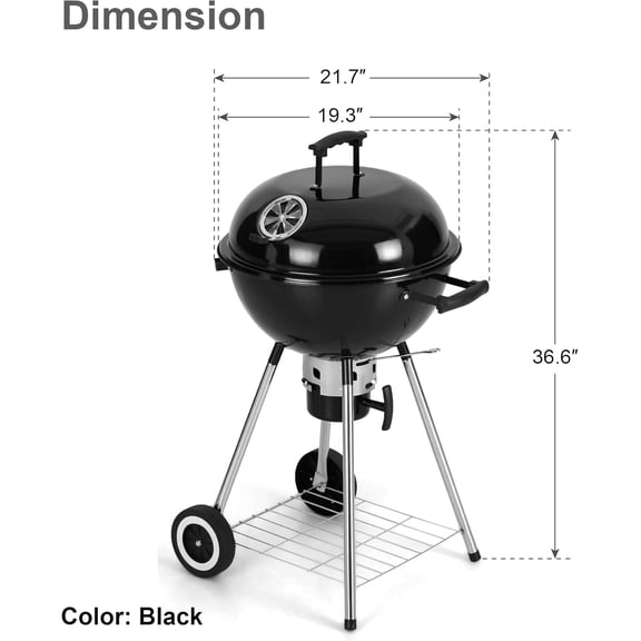 18 Inch Kettle Charcoal BBQ Grill with Wheels, Portable Outdoor Cooking Barbecue for Camping Picnics