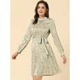 thumbnail image 2 of DARING DIVA Floral Print Long Sleeve Tie Waist A-line Dress XS Pea Green, 2 of 6