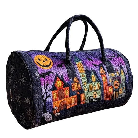 Women's Quilted Weekender Duffel Bag – Foldable Lightweight Travel Tote for Overnight Gym | Haunted House Pumpkin Bat Spider Web Halloween Patchwork Duffle Handbag