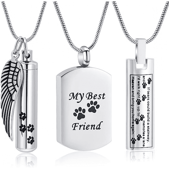 3 PCS Pet Ashes Necklace Cremation Jewelry for Cat Dog Ashes Pendant Paw Print Urn Necklace for Women Men Keepsake Jewelry for Memorial Locket