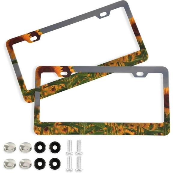 Coolnut Sunflower 2 Holes Car License Plate Frames 2PCS, Car License Plate Holder with Screw Caps Cover Set Automotive Exterior Parts Decoration for US Vehicles