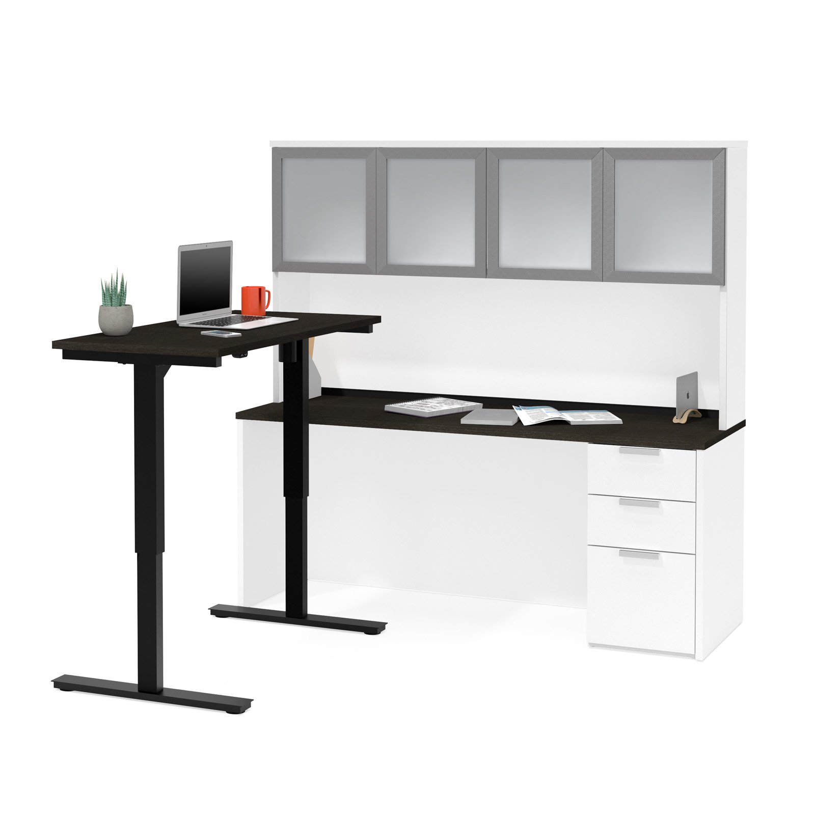 Bestar Pro Concept Plus Adjustable Height L Shaped Desk With Glass Door Hutch And Optional Keyboard Shelf Walmart Com