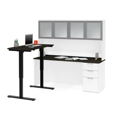 Bestar Pro-Concept Plus Adjustable Height L-Shaped Desk with Glass Door Hutch and Optional Keyboard