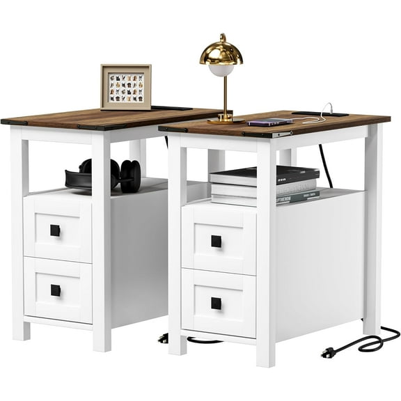 Farmhouse Nightstand with Charging Station and 2 Storage Drawers, Bedside Table with Barn Door and Shelf, Rustic End Table Side Table for Bedroom, Living Room, Sofa