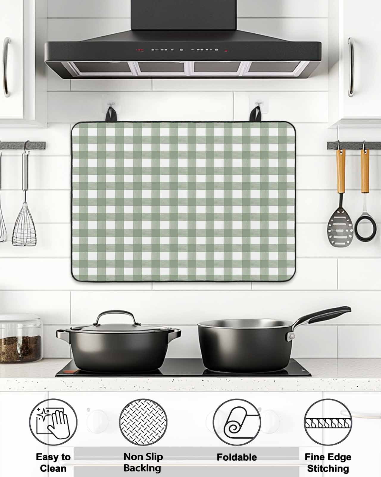 Stove Top Covers for Electric Stove, Sage Green Buffalo Plaid Glass Stovetop Cover Protector, Farmhouse Green White Checkered Induction Cooktop Protector Oven Mat for Kitchen Countertop 24"x21"