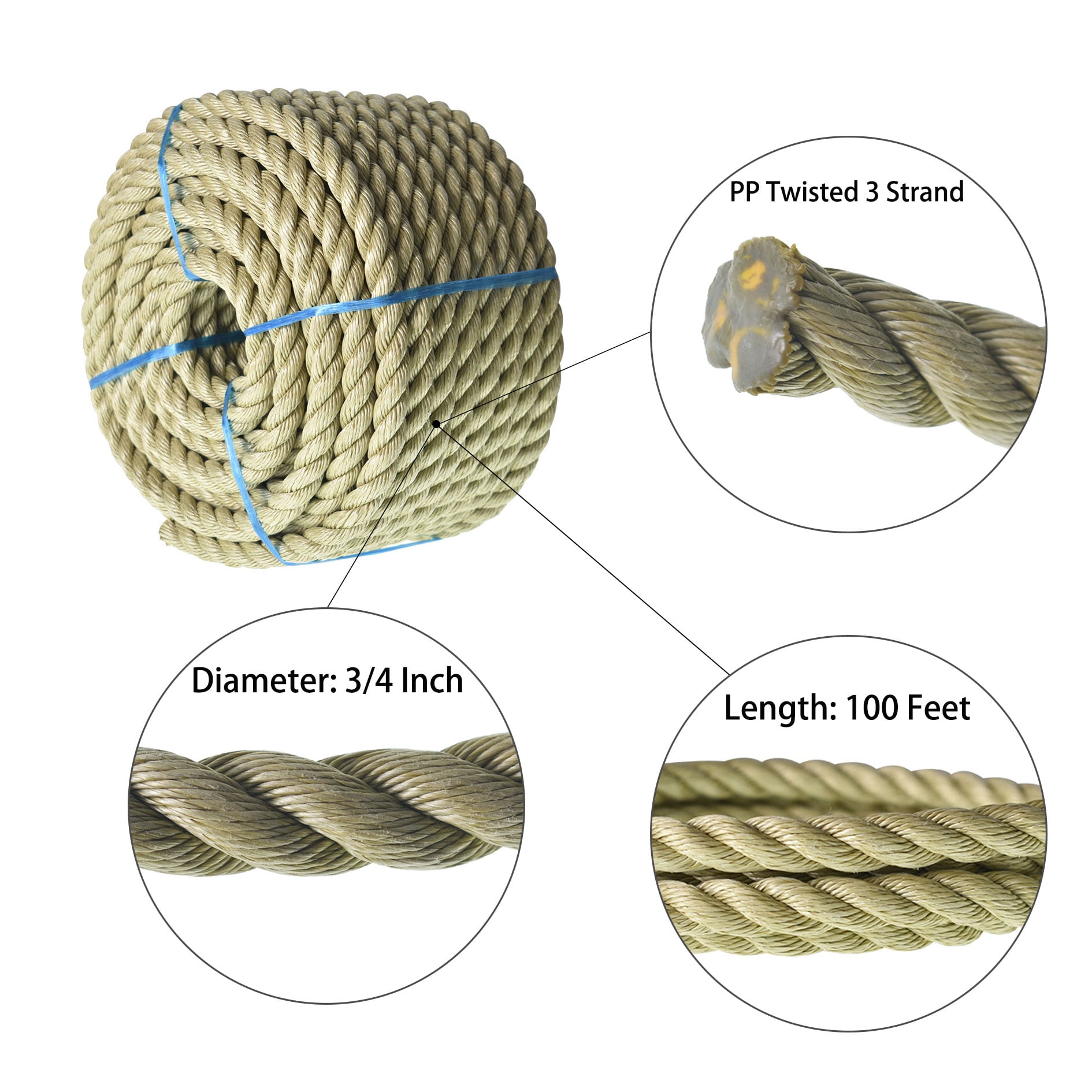 Polypropylene Rope 50Ft – 1/4 Inch Twisted Nautical Rope – Oil