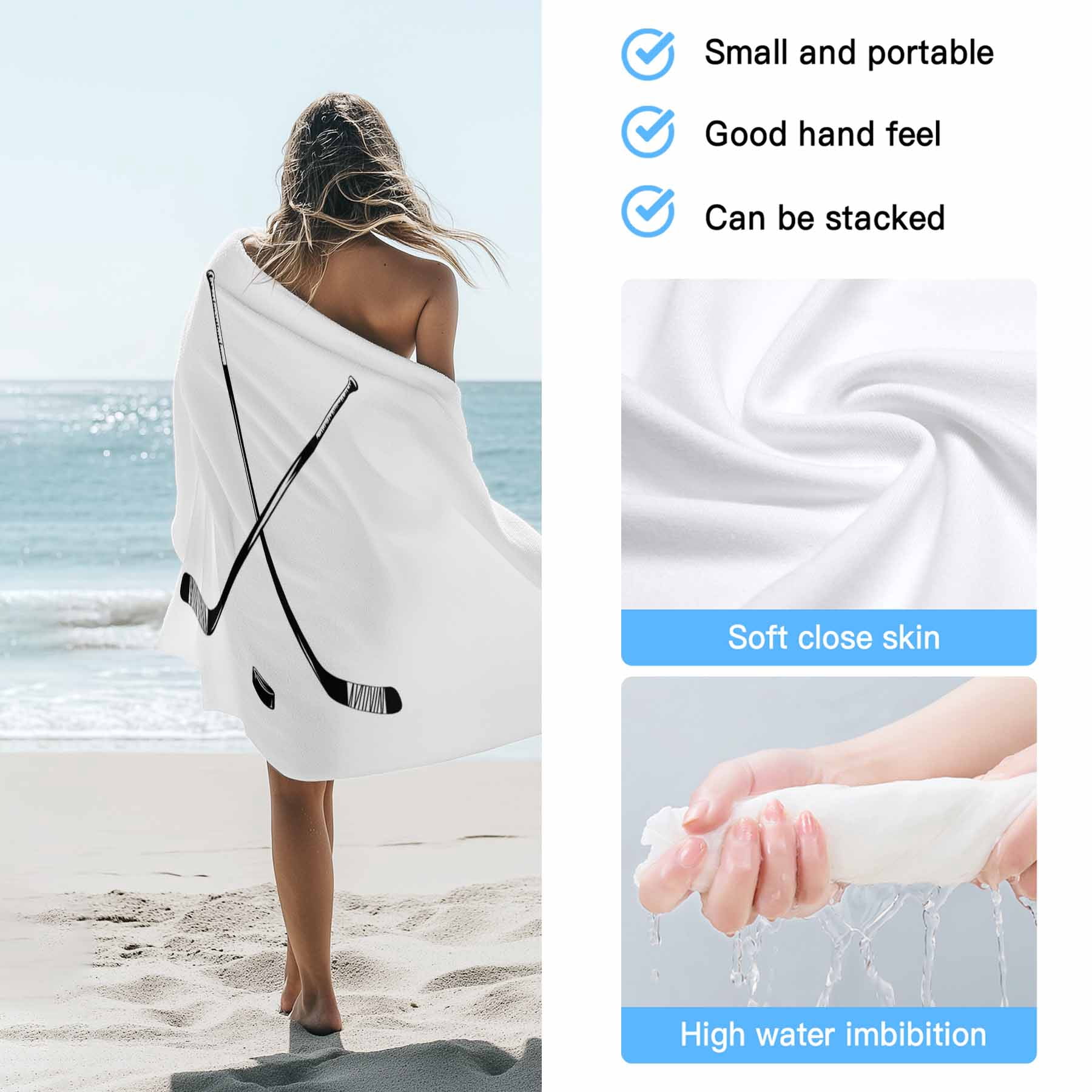 Beach Towel Hockey Player Bath Pool Towels Sports Ground White Absorbent Beach Towel Soft Large Quick Dry Lightweight Camping Travel Sports Yoga Gym Swim Towels for Adult 35x70 Inch