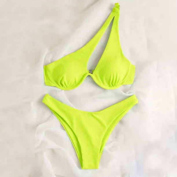 Traje de baño para mujer, bikini de dos piezas con hombros descubiertos y soporte de acero, color liso, trajes de baño para mujer, conjuntos de bikini para mujer, trajes de baño de bikini para mujer