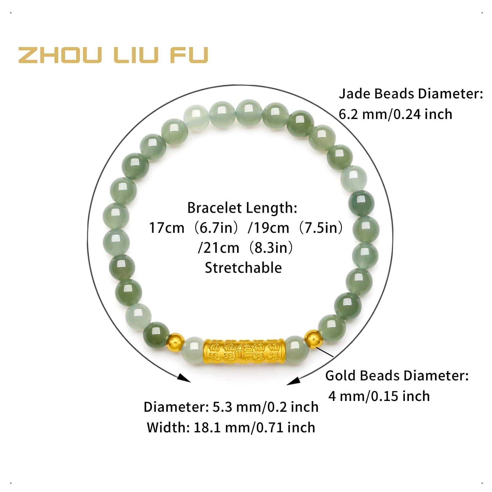 ZHOU LIU FU 24K Gold Green Jade Bead Bracelet Fortune for Women Men 19cm/7.5'' Y1910809