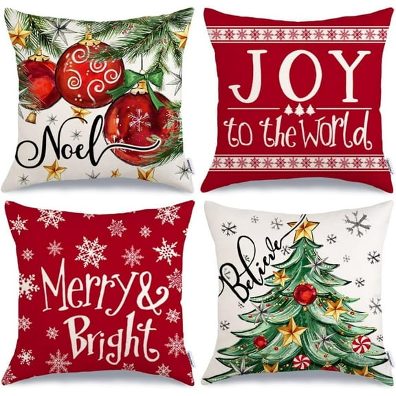 Christmas Pillow Covers 18x18 Inch Set of 4, Xmas Decorations Tree Balls Merry and Bright Joy to The World Red Winter Holiday Farmhouse Decorative Throw Pillows Cushion Cases for Sofa Couch