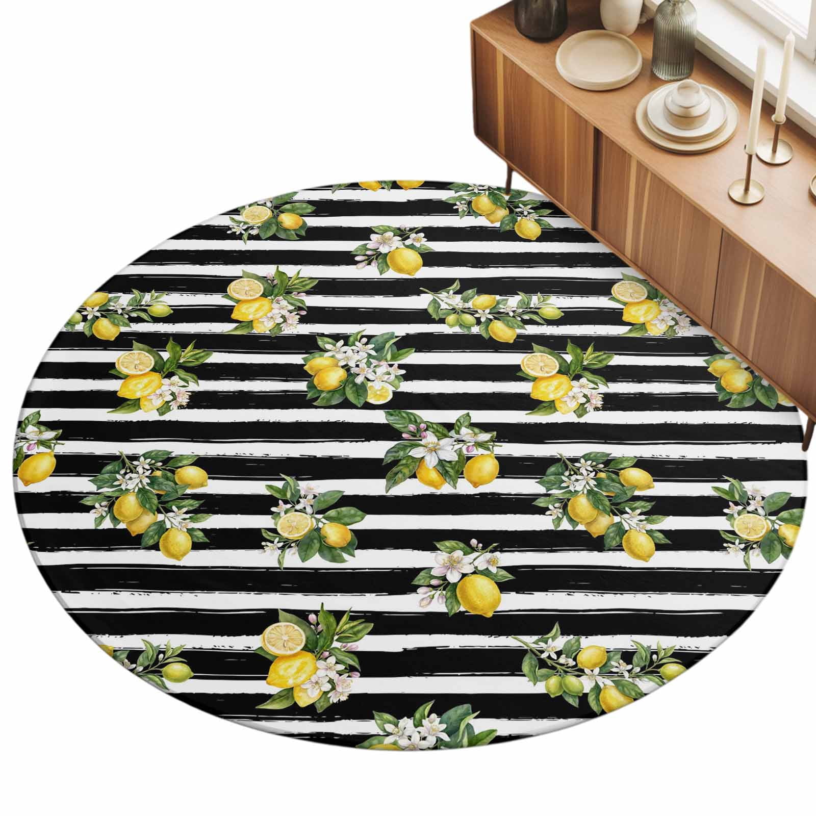 Round Area Rugs 5Ft, Summer Lemons Non-Slip Washable Circle Rugs Carpet, Modern Fruits Flowers Black Striped Indoor Outdoor Rug Floor Mats Throw Runner for Bedroom Living Room Bathroom