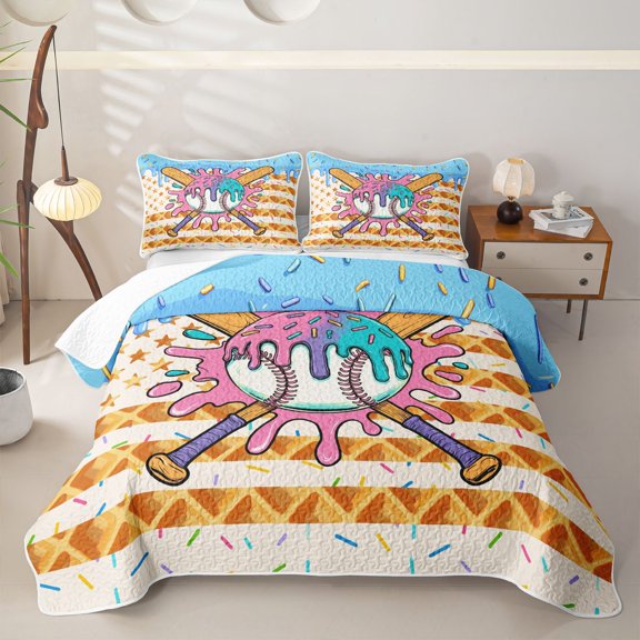 Homewish Baseball Ice Cream Drip Twin Quilt Set,Waffle Us Flag Twin Coverlet Set,2 Pieces