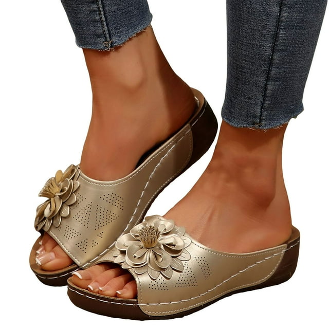 Womens Wedge Sandals 2025 Flower Summer Dressy Flat Open Toe Platform Boho Slip on Beach Walking Shoes