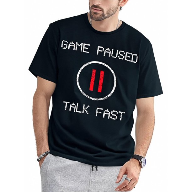 Game Paused Talk Fast Pattern Print Men's Fashionable Creative Top, Casual Short Sleeve Crew Neck T-shirt, Men's Clothing For Summer Outdoor Tee For Adult, Men, Women, Teen, Teenager, Adolescent, You