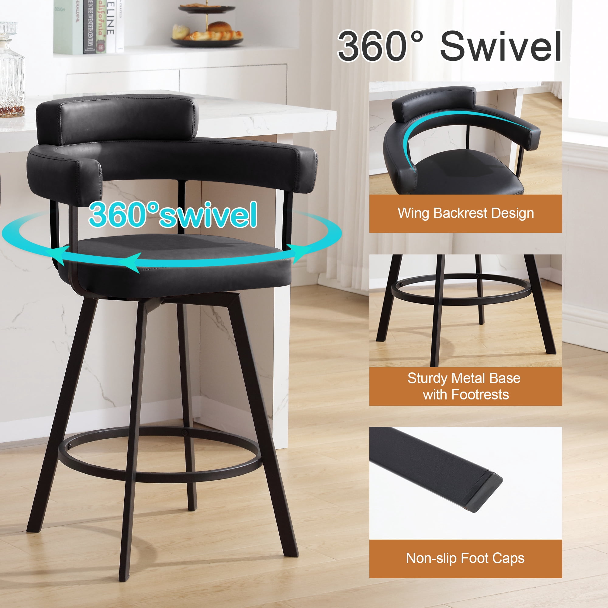 Zesthouse 26" Counter Height Swivel Barstools, Faux Leather Upholstered Bar Stools Set of 2, Armrests, Metal Base, Black