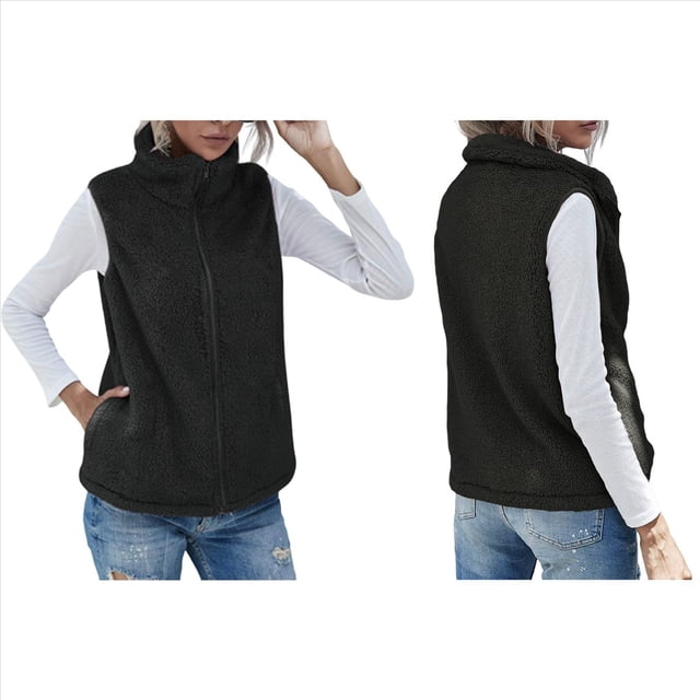 Chaleco de Felpa Cálido Sin Mangas con Cuello Alto para Mujer, con Cremallera, para Otoño e Invierno, con Bolsillos Negro XXXL
