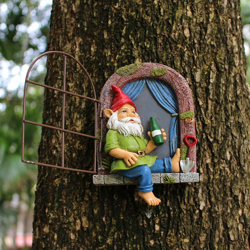 Garden Gnome Statue Elf Out The Door Tree Hugger Garden Peeker Yard Art Figure 