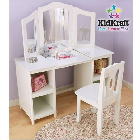 Pemberly Row Deluxe Wood Makeup Vanity Table With Chair And