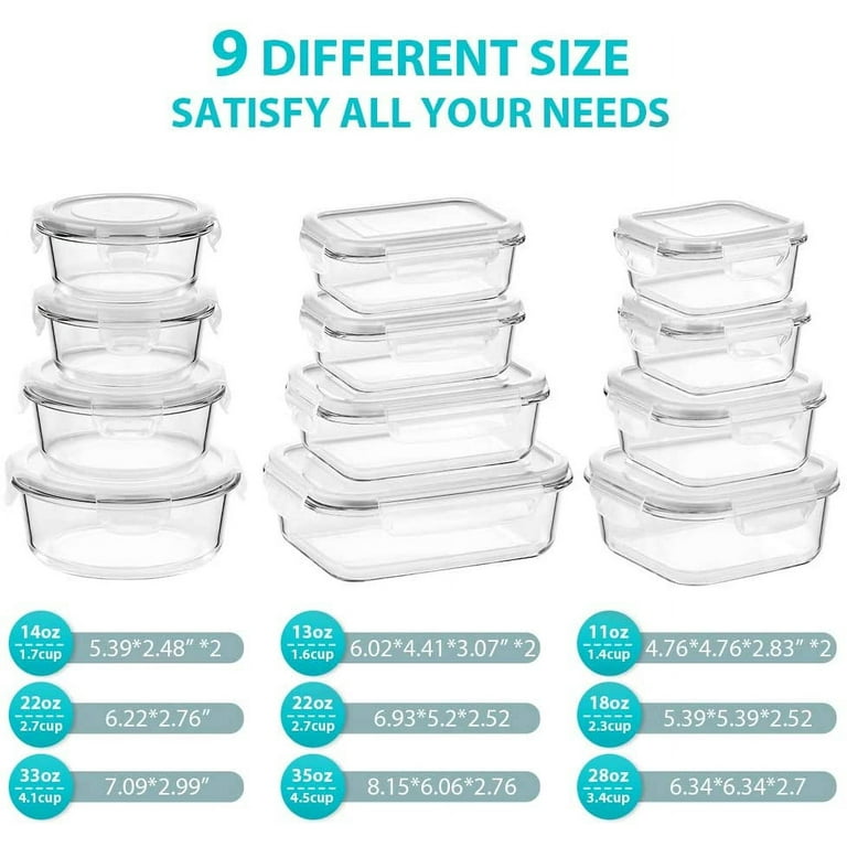 12 Sets Glass Food Storage Containers with Lids, Glass Meal Prep Containers,  Airtight Glass Bento Boxes, & Leak Proof, Pantry Kitchen Storage(12 lids &  12 Containers) - White