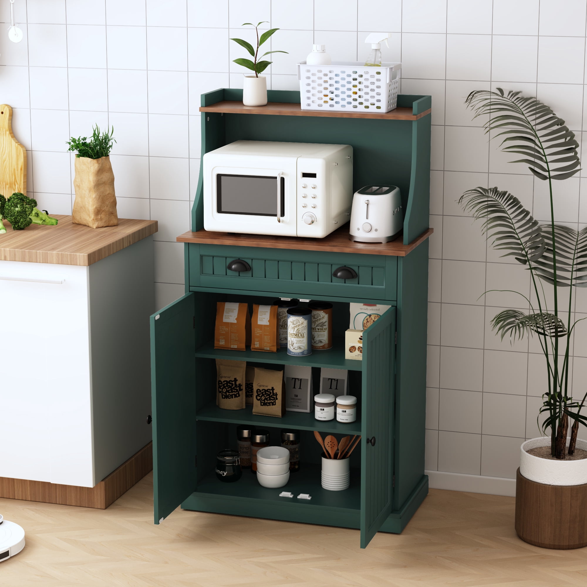 Kitchen Microwave Pantry Storage Cabinet with Drawers & Cabinets for Kitchen Organization, Green