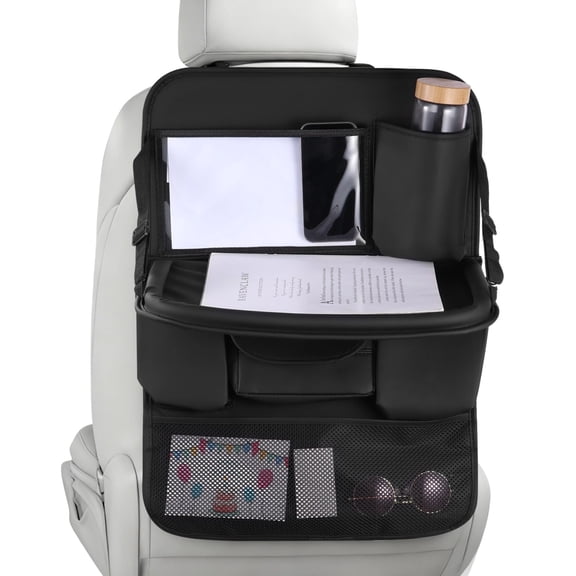 Car Backseat Organizer with Foldable Table Tray, PU Leather Car Organizer, 25.2 x 17.7 in, Touch Screen Phone Holder for Back Seat, Compatible with Most Vehicles,Inner Car Accessories, Black