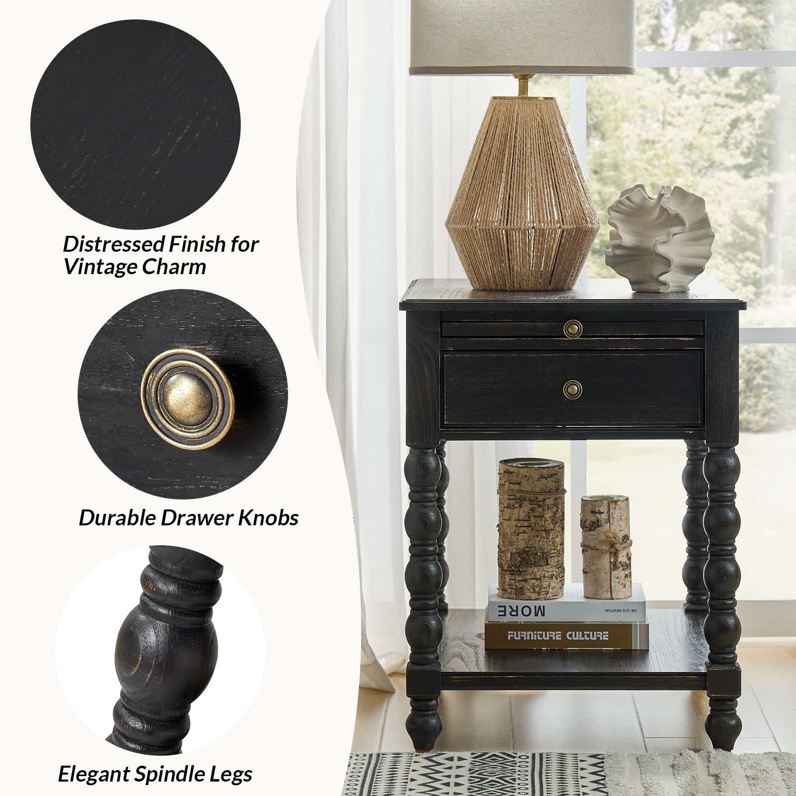 26" Modern End Table Solid Wood Set of 2 with Drawer Tray USB for Living Room Charcoal