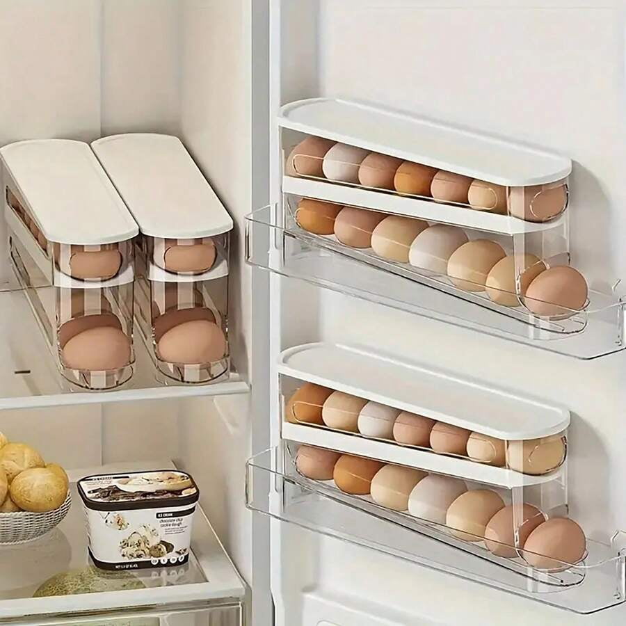Double Layer Automatic Egg Roller Storage Box, Rolling Egg Dispenser for Refrigerator, Cabinet, and Kitchen Organization, Egg Storage Rack