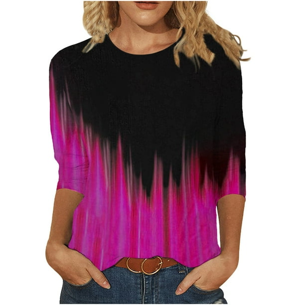 Camiseta informal con cuello redondo y mangas 3/4 de longitud media estampada a la moda para mujer Pompotops gfhjh16548