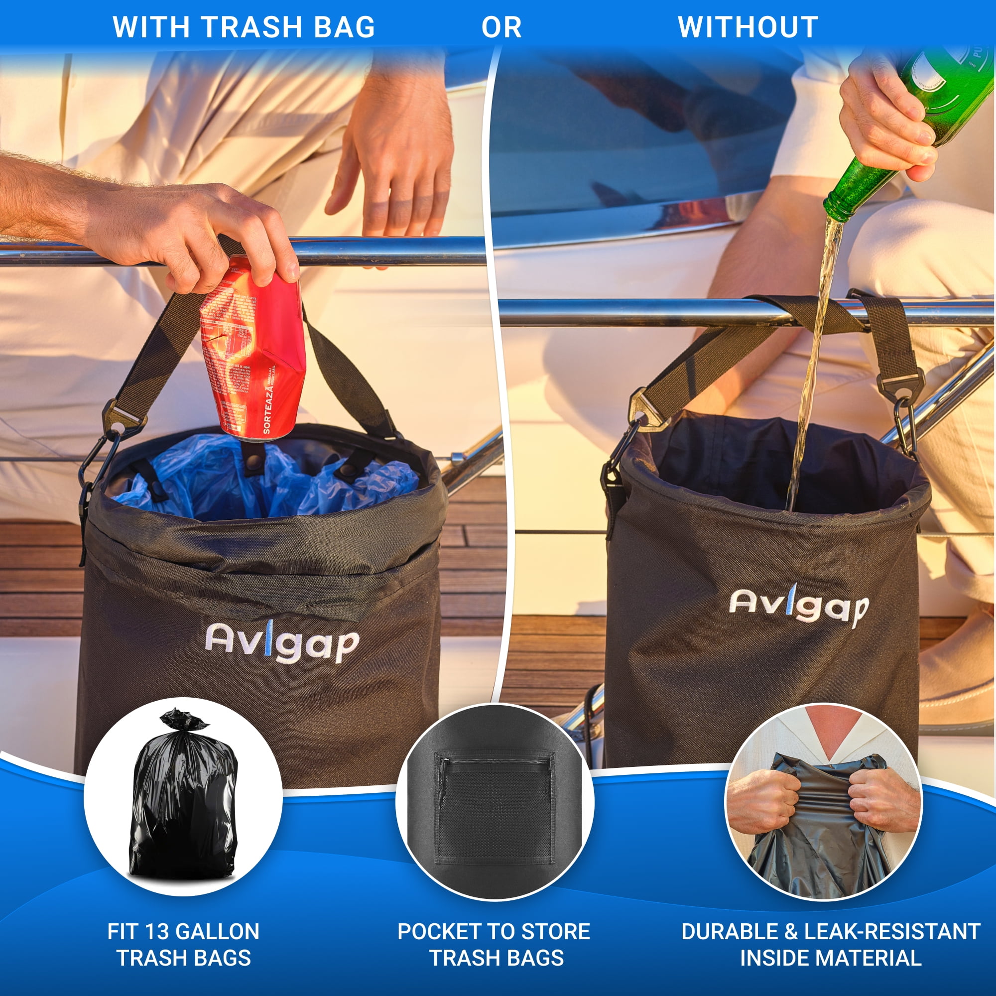 Avigap Boat Trash Can, 100% Odor & Leak Resistant, Portable, Reusable, 10-13 Gal Garbage Bag Snaps Inside, Easy to Install & Clean, Fishing, Sandbar, Kayak, Pontoon Boat Accessories