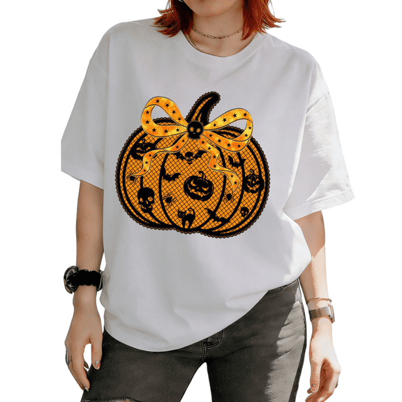 Cozymy Halloween Pumpkin Web Trendy Bow Print Tops for Women Crew Neck Short Sleeve Spooky Season Outfit