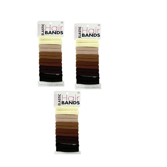 Elastic Hair Bands Ties, Black and Shades of Browns, 12 Count, 3 Pack