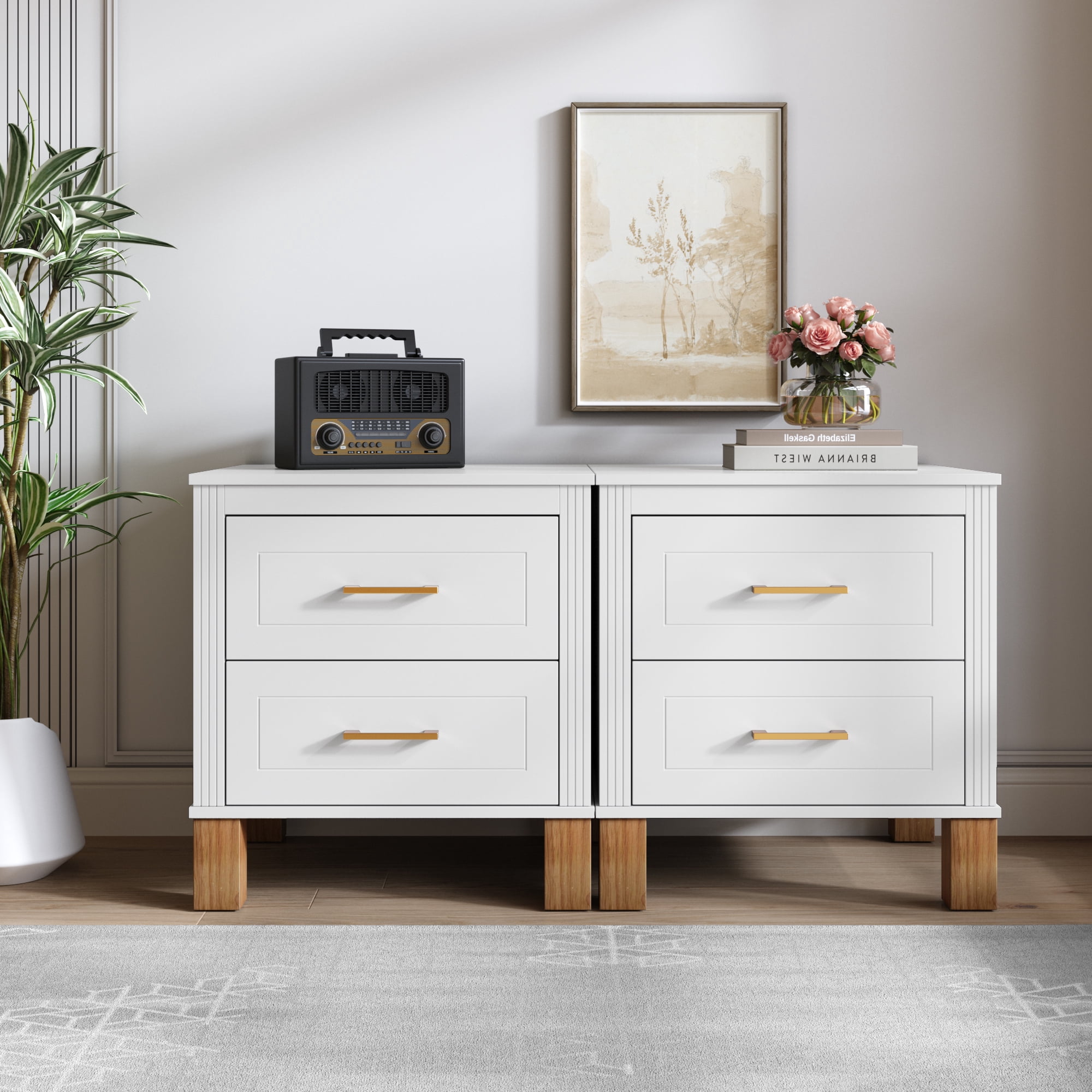 Leumius Nightstand for Bedroom,Wood Bedside Table with 2 Drawer & Solid Wood Legs,Small Storage Cabinet for Living Room,White