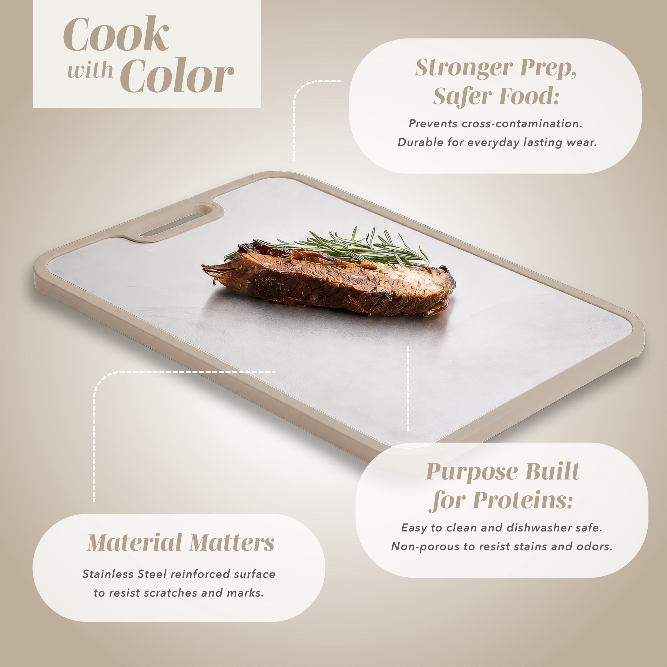 Cook with Color Dual-Sided Stainless Steel and Wheat Straw Cutting Board Cream