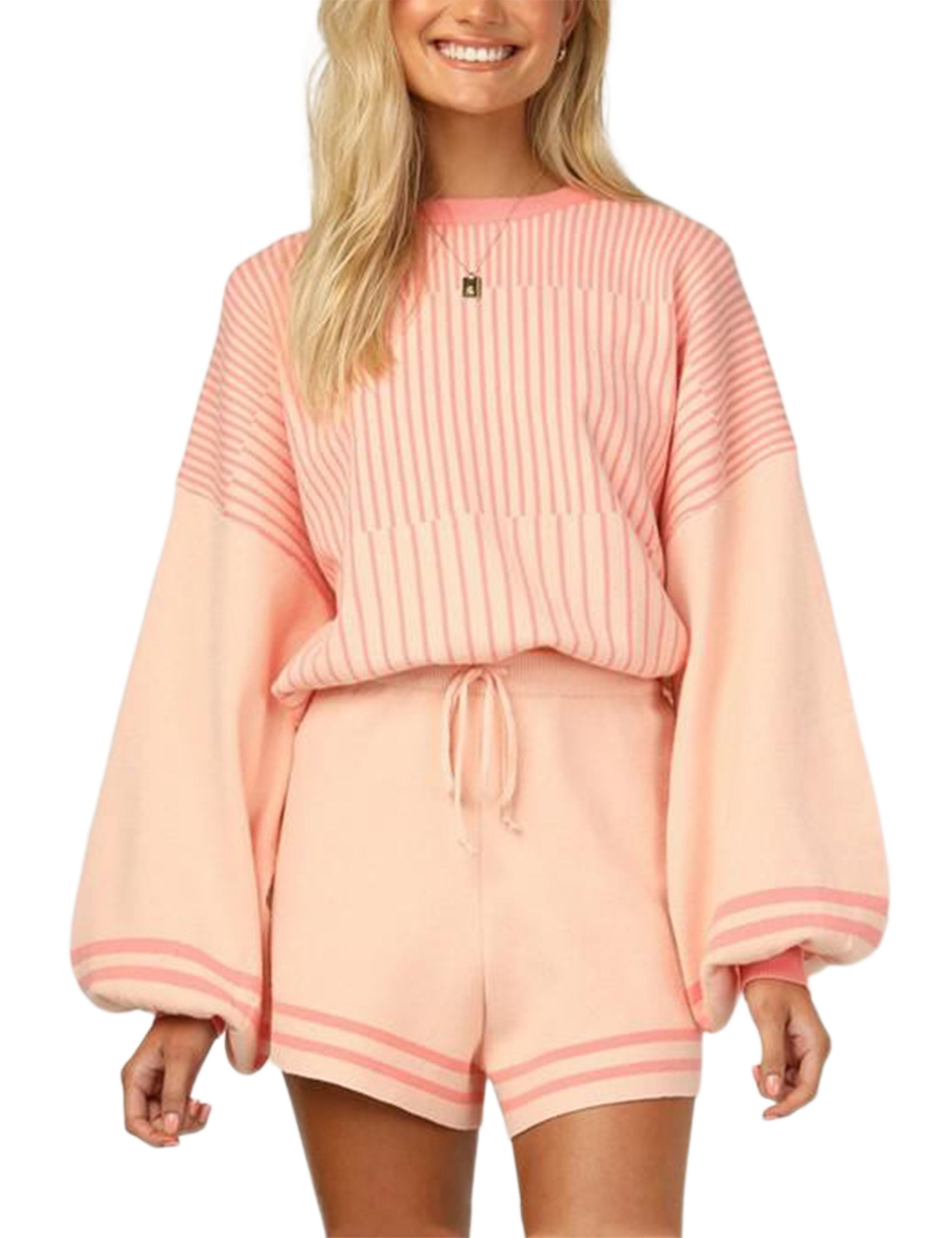 Lentta Women's 2 Piece Outfits Striped Knit Crewneck Pullover Sweater