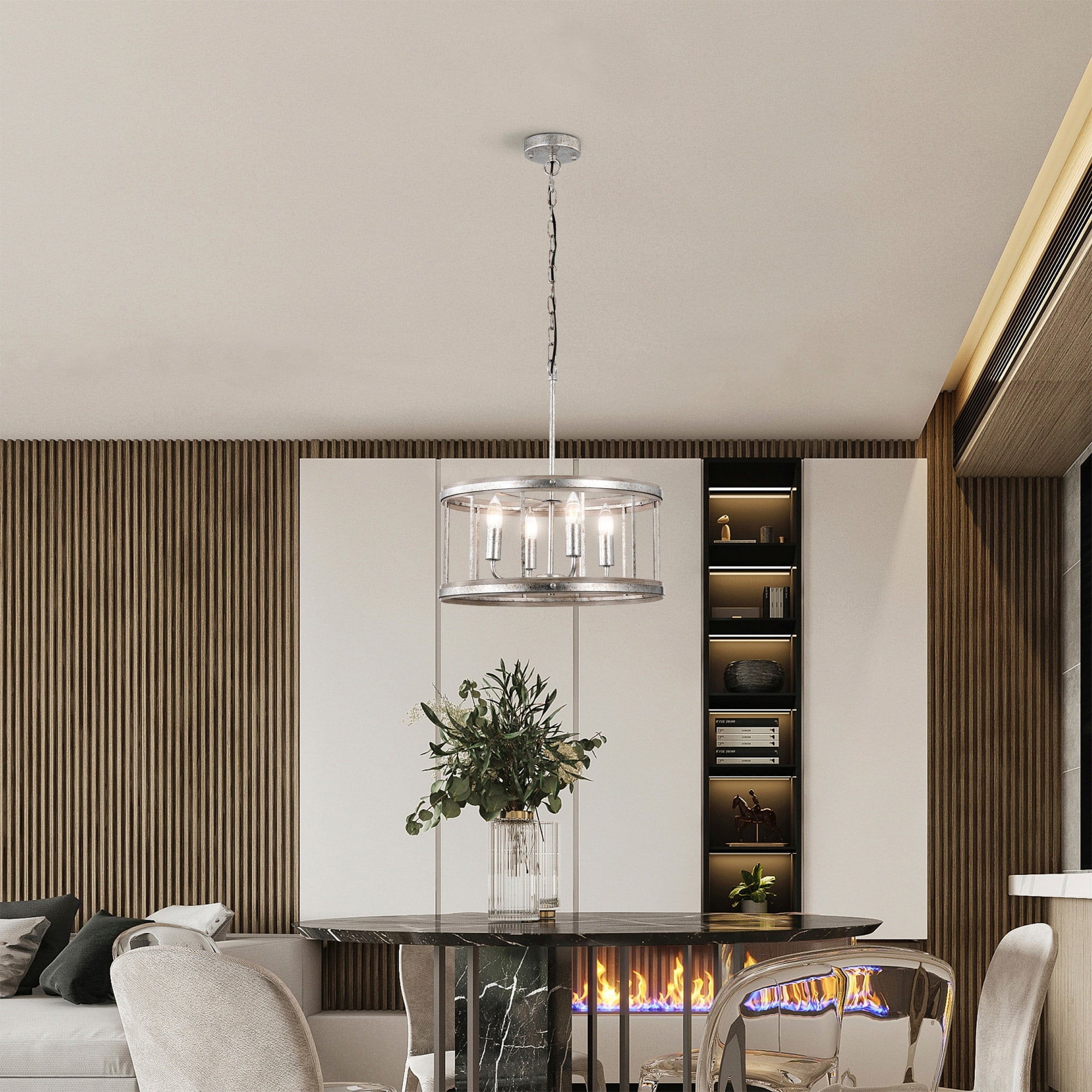 Zera 18 in. 4-Light Indoor Matte Black and Faux Wood Grain Finish Chandelier with Light Kit