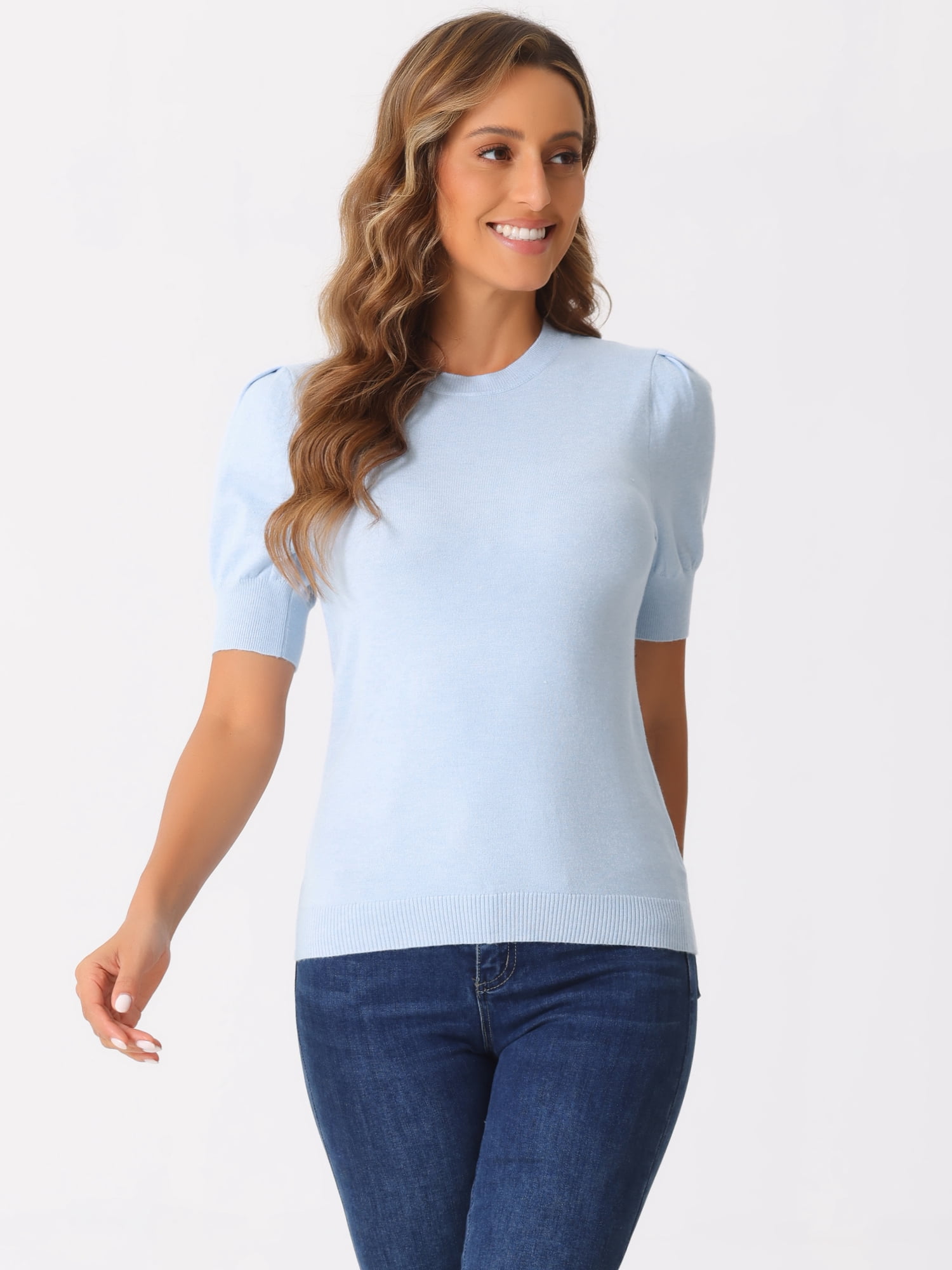 DARING DIVA Ribbed Knit Crew Neck Short Sleeve Tops XL Light Blue