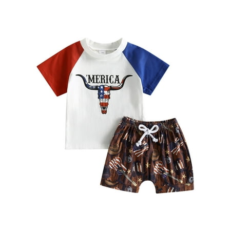 

4th of July Toddler Baby Boy Clothes Bull Print Short Sleeve T-Shirt Shorts Set Independence Day Summer Outfits