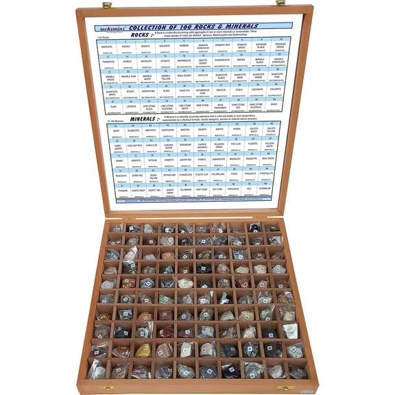 100 Rocks and Minerals Collection in Wooden Box Geology Civil Educational