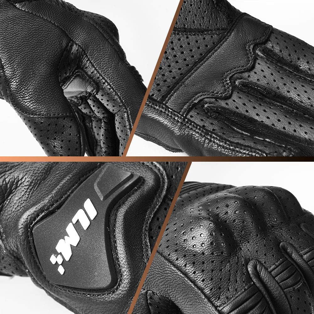 ILM Goatskin Leather Motorcycle Motorbike Powersports Racing Gloves Touchscreen For Men and Women Black XXL, Black Unperforated 