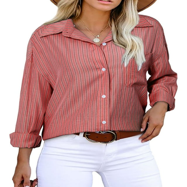CHOK Blouse Tops pour Femmes Manches Longues Automne Rayé Imprimé Confortable Tops Chemises Décontractées Col Rabattu Léger Blouses avec Poches Bleu Ciel G