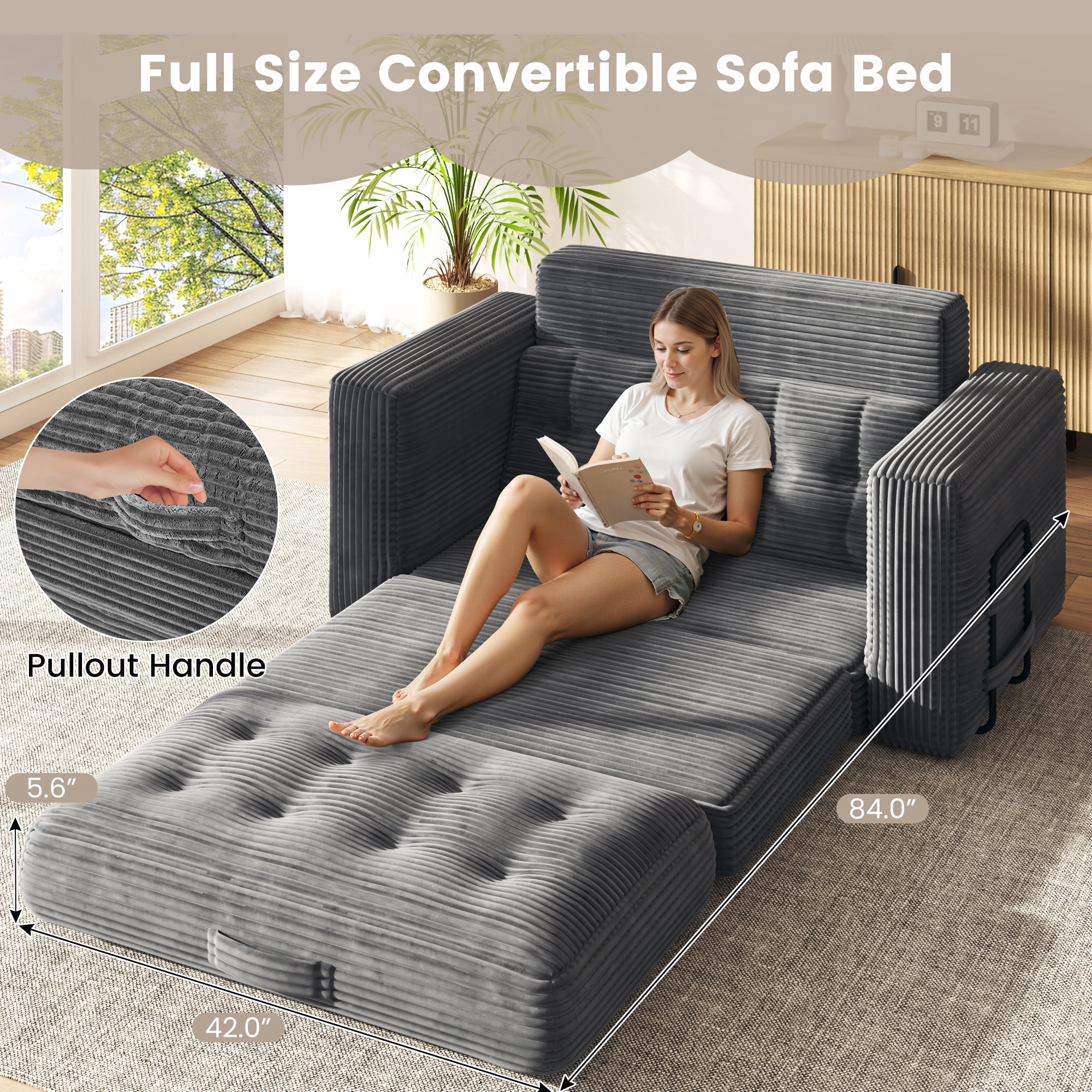 Erinnyees 2-in-1 Sleeper Sofa, No Assembly Corduroy Loveseat, Converts to Bed with Deep Seat & 2 Included Pillows