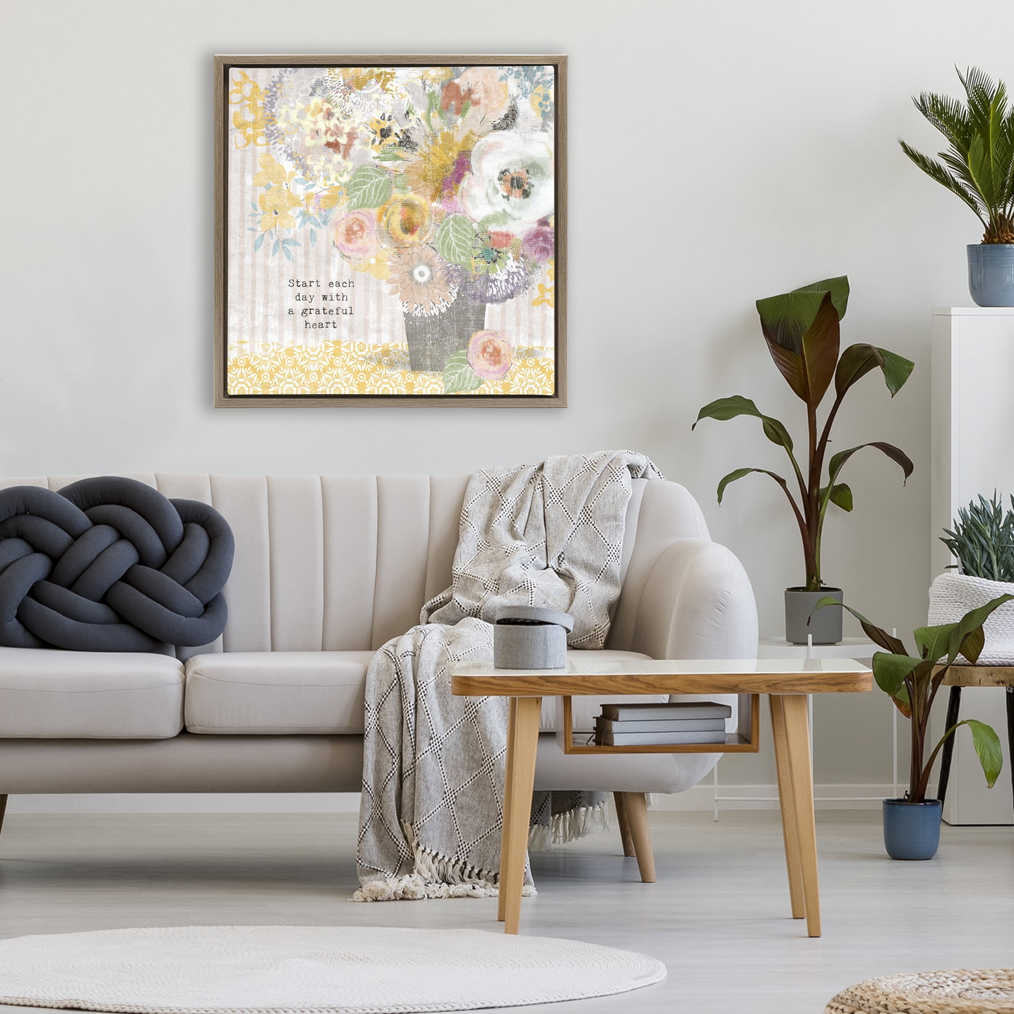 Stupell Industries Floral Inspirations Grateful Heart Brown Framed Floater Canvas Wall Art, design by Suzanne Nicoll