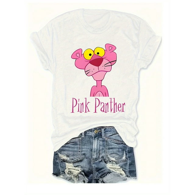 T-Shirt Graphique Panthère Rose pour Femmes - Col Rond Décontracté, Manches Courtes, Haut en Tricot de Coton avec Imprimé "Panthère Rose" et Design de Personnage de Dessin Animé