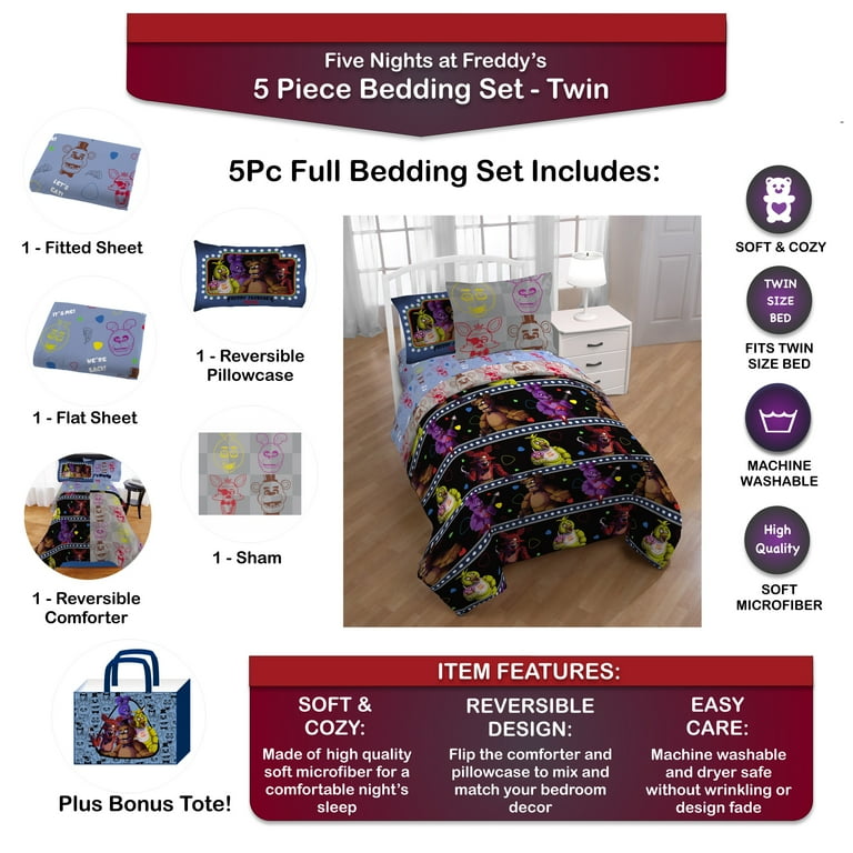 Five Nights at Freddy's Bedding Set Twin Bed in a Bag with Bonus Tote, 5  Piece 